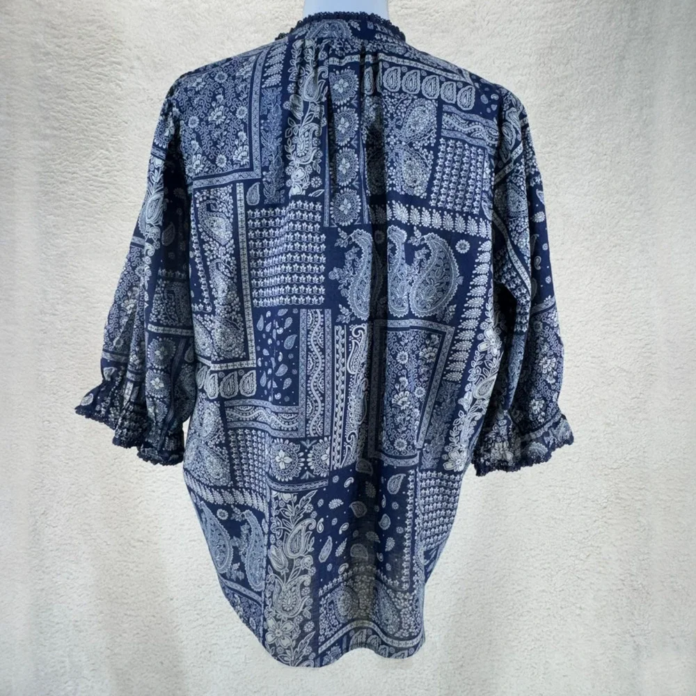Democracy Top Patchwork Paisley Print Women Sze 1X Blue 3/4 Sleeve Blouse Boho - Picture 2 of 10